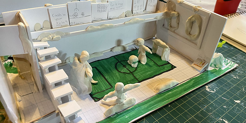 This close-up look of a model shows how one camper adapted the AD German Warehouse into an indoor soccer field.